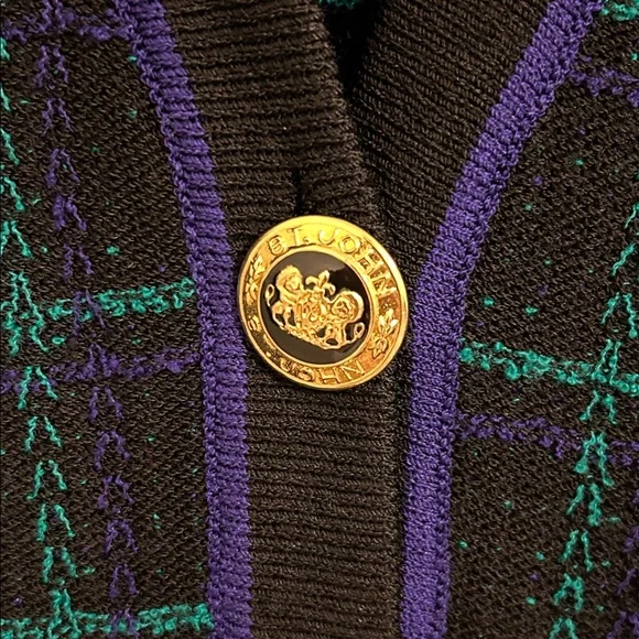 St. John Collection Marie Gray Plaid Knit Cardigan Gold Crest Buttons Size Small